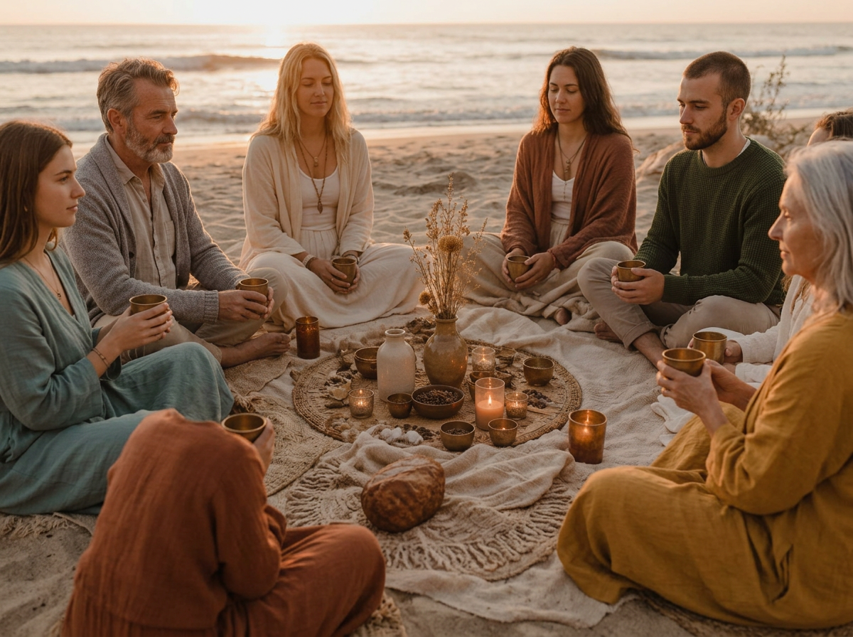 Ceremonia de cacao en círculo frente al mar